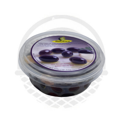 Olives noires entières galega avec huile d'olive et ail  "Macarico" barquette plastique 150g